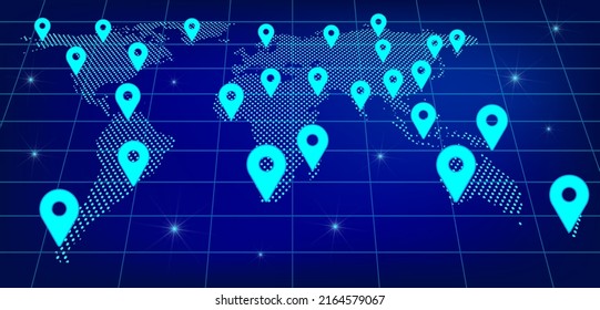 Global logistics network. Map global logistics partnership connection.  World map from dots with  geolocation signs on blue background.  perspective.  EPS10. 