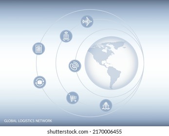 Red logística global. Mapa de la conexión global de la alianza logística.  Iconos de globo y logística en esferas para su diseño.  EPS10.