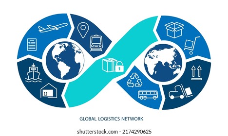 Global Logistics Network. Map Global Logistics Partnership Connection In Blue. Infinity Concept.  White Similar World Map And Logistics Icons For Your Design.  EPS10.