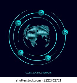 Global logistics network. Map global logistics partnership connection. Planet Earth and logistics icons in the form of satellites or your web site design, logo, app, UI. EPS10. 