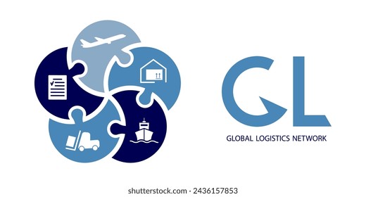 Global logistics network. Map global logistics partnership connection.  Puzzle from five elements and logistics icons for your design.  EPS10.
