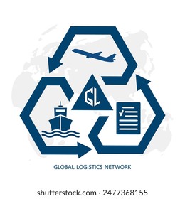 Global logistics network. Map global logistics partnership connection in blue.  White similar world map and logistics icons for your design. EPS10.