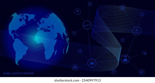 Global logistics network. Map global logistics partnership connection in dark blue.  World map and logistics icons  in neon style for your design. EPS10.