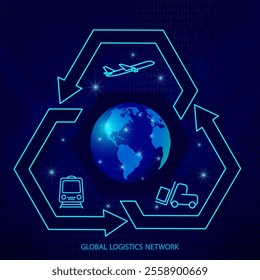 Global logistics network. Map global logistics partnership connection in dark blue.  World map and logistics icons  in neon style for your design. EPS10.