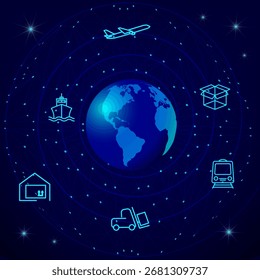 Global logistics network. Map global logistics partnership connection in dark blue.  World map and logistics icons  in neon style for your design. EPS10.