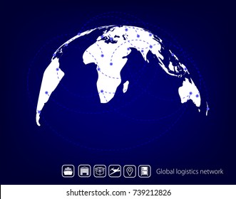 Global logistics network. Map global logistics partnership. Blue similar world map.  Set icons transport and logistics. Stock vector. Flat design.