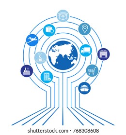 Red logística global. Mapa de la conexión global de alianzas logísticas.  Mapa del mundo y iconos logísticos similares en blanco. Diseño plano. Imagen del vector EPS10.
