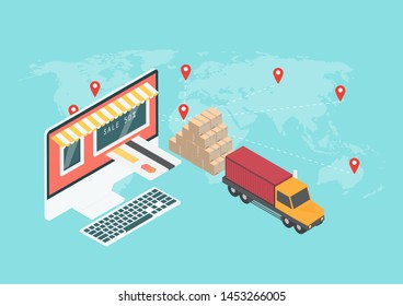 Global logistics network online isometric tool app. business concept web vector illustration with goods and truck