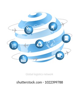 Global Logistics Network.  Planet Earth And Logistics Icons In The Form Of Satellites.  Set Icons Transport And Logistics. Flat Design. Vector Illustration EPS10.