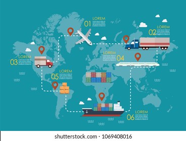 Global logistics network. Set of cargo truck jet maritime shipping and train transportation. Vector illustration