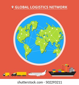 Global logistics network. Set icons: truck, van, airplane, cargo ship. Transportation over world. Flat vector illustration.