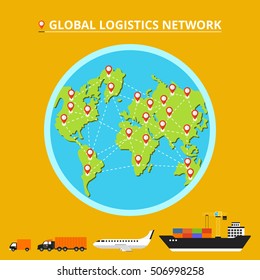 Global logistics network. Set icons: truck, van, airplane, cargo ship. Transportation over world. Flat vector illustration.