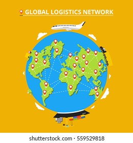 Global logistics network. Set icons: truck, van, airplane, cargo ship. Transportation over world. Flat vector illustration.