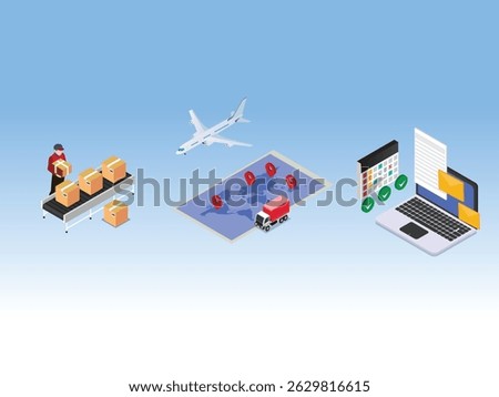 global logistics network, showcasing a conveyor belt with boxes, a cargo plane, a world map with location markers, a delivery truc isometric 3d vector illustration