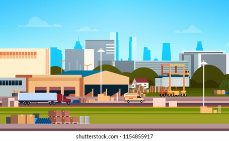 Global logistics network terminal delivery stock truck loading warehouse international shipping concept cityscape background flat horizontal vector illustration