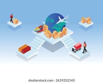 global logistics network with various stages of transportation 3d isometric vector