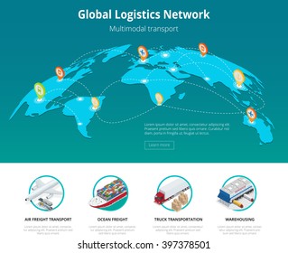 Global logistics network Web site concept Flat 3d isometric vector illustration Air cargo trucking rail transportation maritime shipping On-time delivery Vehicles designed to carry large numbers cargo