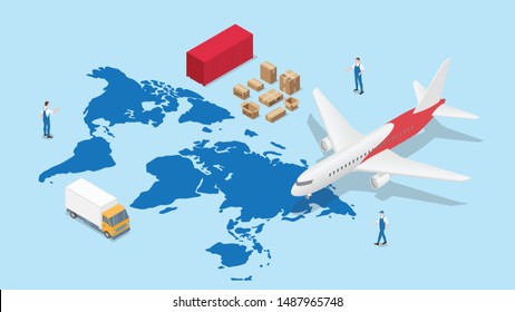 global logistics network with world map and transportation plane and truck container with modern isometric style