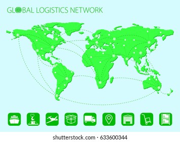 Global logistics network. World map. Set of logistics icons. Stock vector. Flat design.