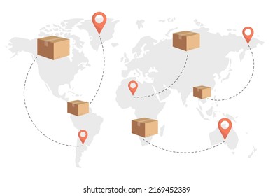 Global logistics network. Worldwide shipping by air and sea freight transport. World map with cargo moving.