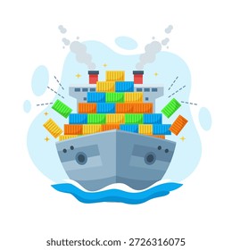 Logística global y envío del océano Ilustración vectorial plana del diseño de un buque de contenedor masivo que transporta mercancías concepto de ui de estado vacío