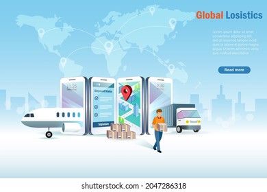 Global logistics online smart delivery airplane and truck on smart phone screen deliver shipment with GPS location map and tracking status. Global logistic and transportation technology concept