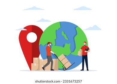 Global logistics service concept, world import and export transport, good shipping and delivery, logistics delivery worker carrying packages on the way for delivery with big earth.