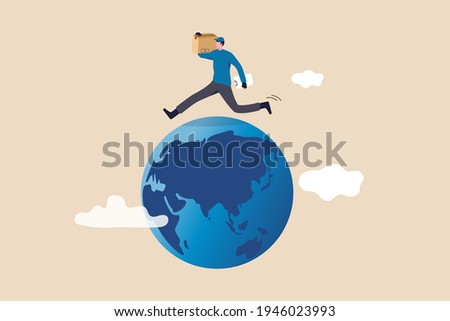 Global logistics service, world import and export transportation, shippings and good delivery concept, logistic shipping worker carrying big package parcel on the way to deliver running on globe.