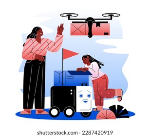 Logística global y envío. Entrega de cajas y paquetes de transporte de robots y mensajeros a los consumidores. Tecnologías modernas y automatización de la entrega. Cadena de suministro. Dibujo vectorial plano de dibujos animados