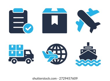 Globale Logistik und Versand Ikonensatz. Symbole für durchgezogene Symbolreihen