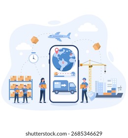 Logística global y gestión de envíos en una pantalla de aplicación móvil, que muestra el transporte por camión, avión y mar, simbolizando la entrega mundial, el seguimiento y los servicios de comercio electrónico.