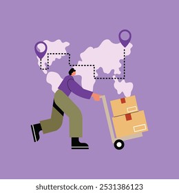 Globale Logistik- und Versandarbeiter mit Handwagen und Boxen, Weltkarte und Routendarstellung