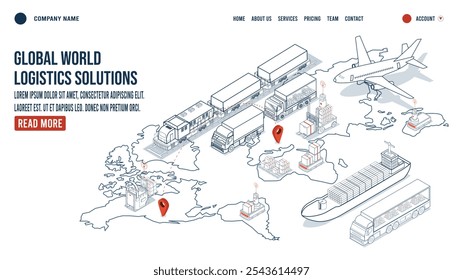 Conceito de página inicial de soluções globais de logística com logística inteligente, logística de negócios, logística de depósito, entrega on-line, exportação e importação. Ilustração vetorial sps10