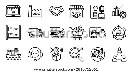 Global logistics and supply chain line icon set with logistics shipping delivery transport business warehouse management shopping handshake