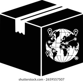 Ícone de vetor da logística global e da cadeia de suprimentos. Caixa de papelão com mapa mundial para entrega, entrega e e-commerce. Símbolo de transporte moderno.