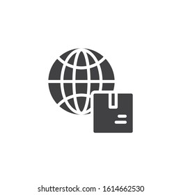 Global Logistics vector icon. filled flat sign for mobile concept and web design. Globe and delivery box glyph icon. Symbol, logo illustration. Vector graphics