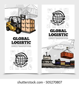 Global logistics vertical banners with land sea air vehicles and delivery icons vector illustration