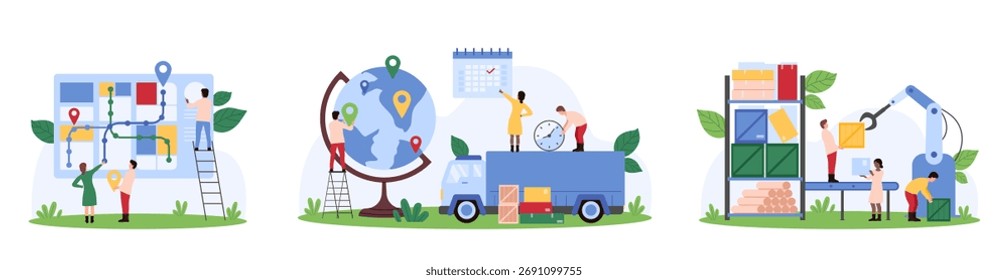 Global logistics, warehouse storage and distribution automation set. Tiny people work with international delivery service, export and import supply, load box with robot cartoon vector illustration