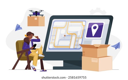 Global logistics woman. Young girl with smartphone near boxes, computer screen and drone. Logistics and transportation, shipping. Import and export. Flat vector illustration