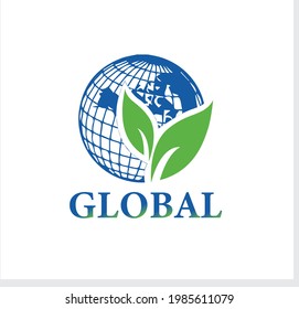 Global Logo Design. World Icon With Leaf