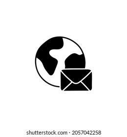 Global mail icon in solid black flat shape glyph icon, isolated on white background 
