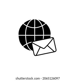 Global mail icon in solid black flat shape glyph icon, isolated on white background 