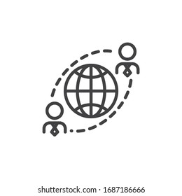 Global Management line icon. Outsourcing linear style sign for mobile concept and web design. Globe and business people connection outline vector icon. Symbol, logo illustration. Vector graphics