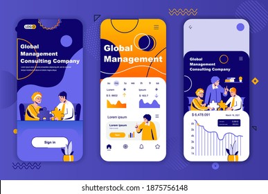 Global management unique design kit for social networks stories. Business assistance and consulting mobile screen templates for app. UI UX layouts vector illustration. GUI set with people characters.