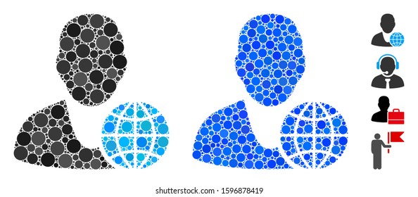 Global manager composition of small circles in various sizes and color tints, based on global manager icon. Vector round elements are organized into blue composition.