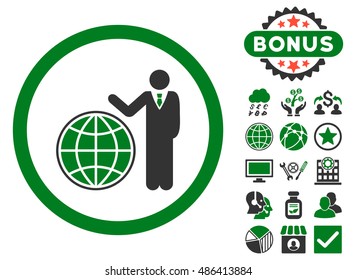 Global Manager icon with bonus elements. Vector illustration style is flat iconic bicolor symbols, green and gray colors, white background.
