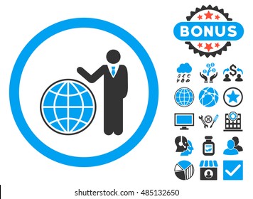 Global Manager icon with bonus pictures. Vector illustration style is flat iconic bicolor symbols, blue and gray colors, white background.