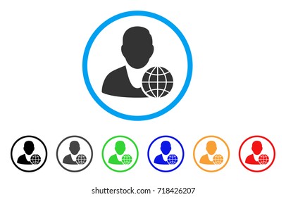 Global Manager rounded icon. Style is a flat global manager grey symbol inside light blue circle with black, gray, green, blue, red, orange color versions.