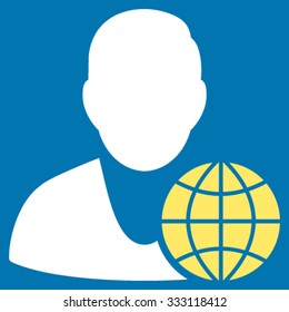 Global Manager vector icon. Style is bicolor flat symbol, yellow and white colors, rounded angles, blue background.