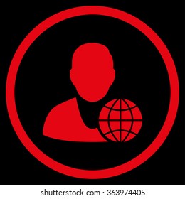 Global Manager vector icon. Style is flat circled symbol, red color, rounded angles, black background.